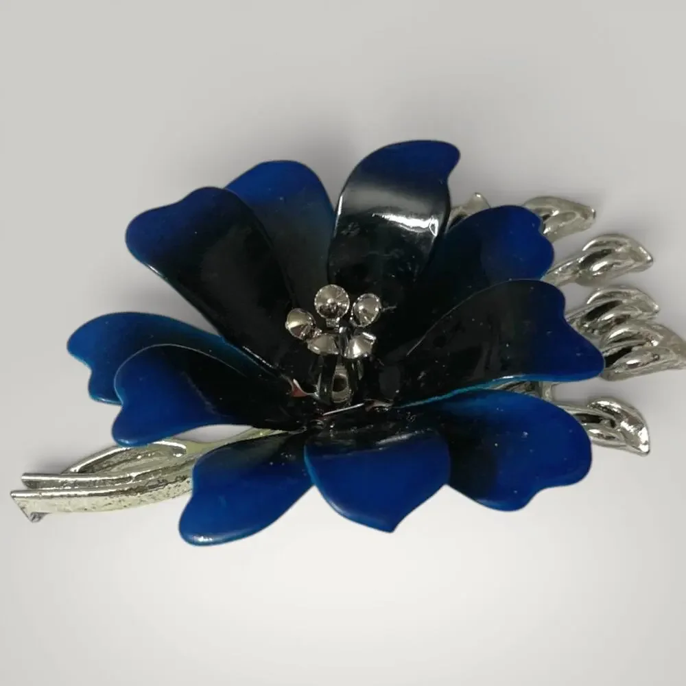 Vintage Signed Coro Blue Enamel Flower Brooch Silver Tone Floral Pin